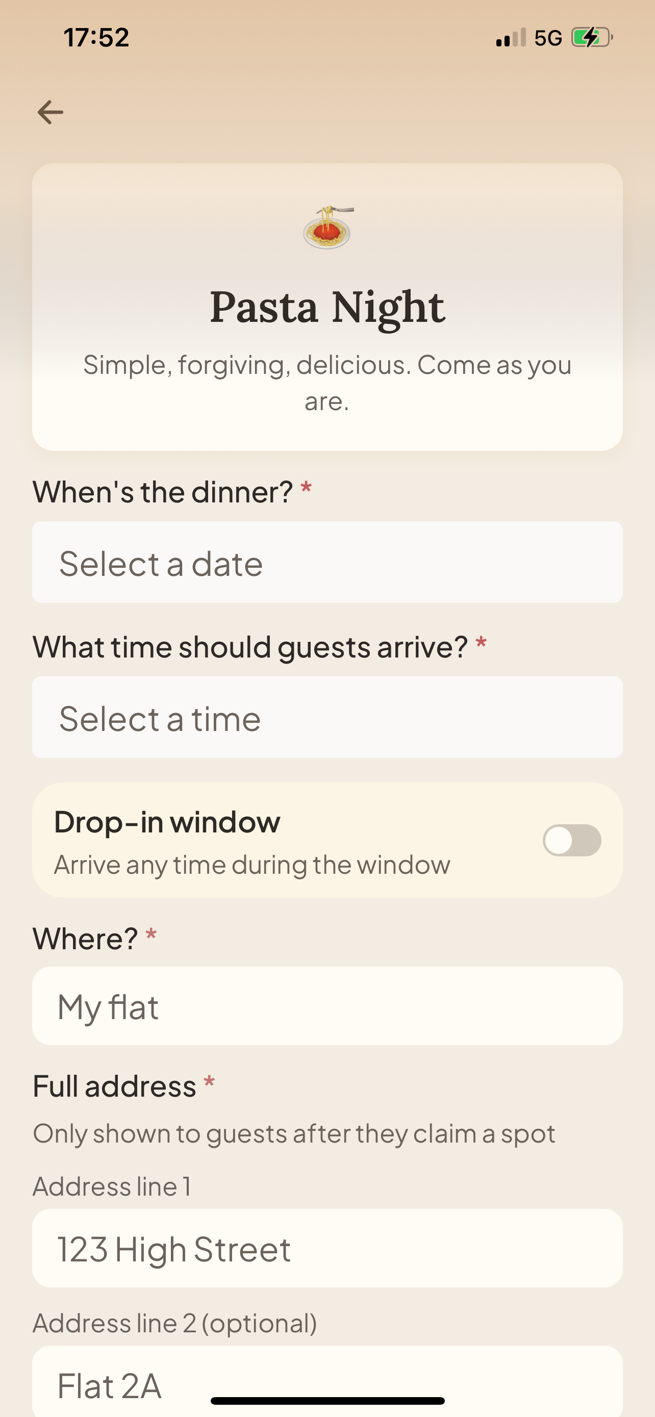 Create a dinner screen