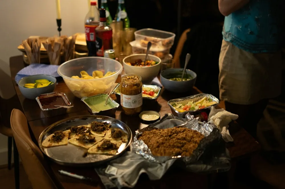 Casual potluck spread on table
